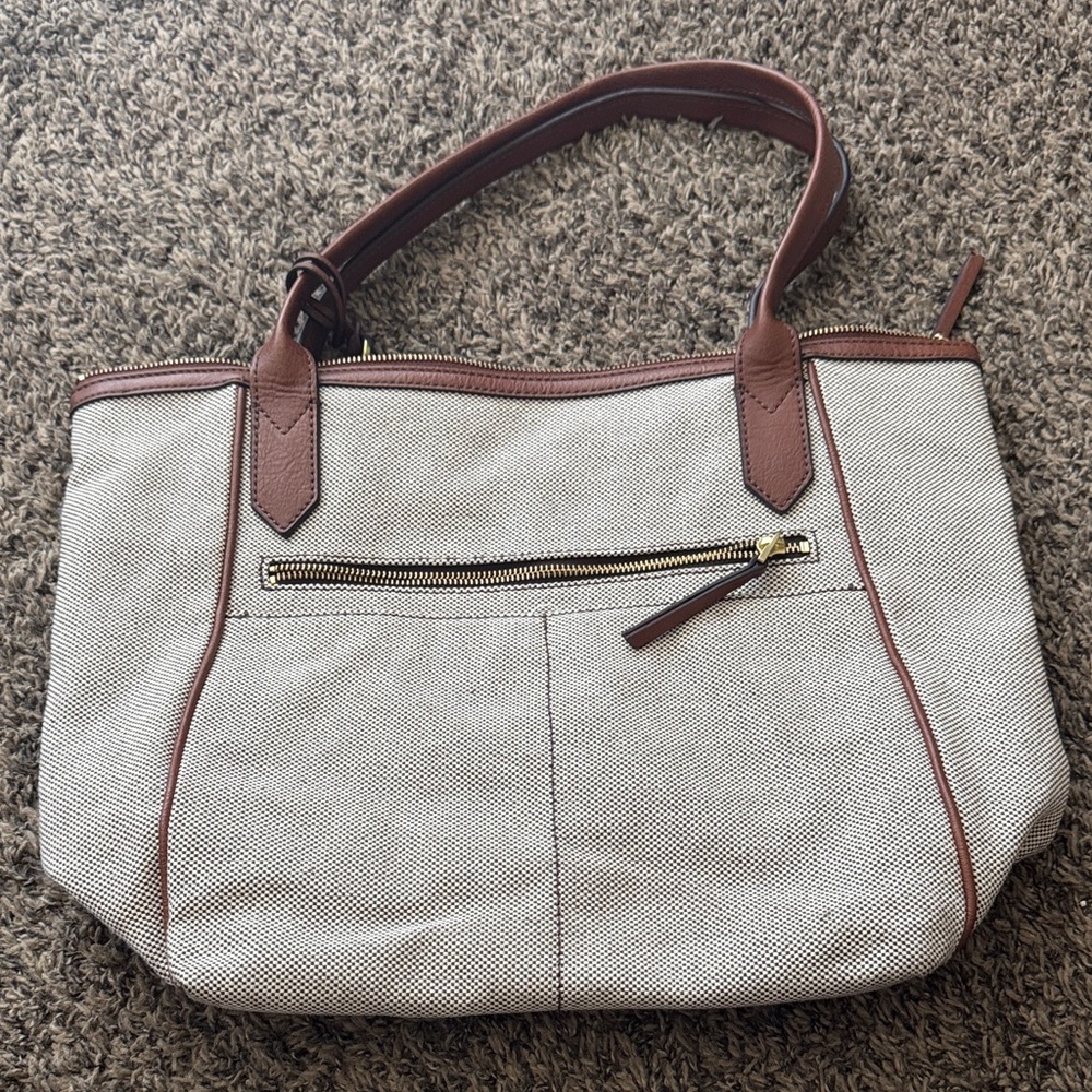 Fossil Canvas Tote Bag with Brown Trim - Classic Everyday Carry